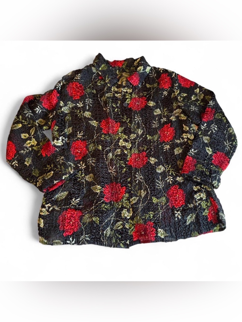 Black Vintage Crinkle Floral Button Up Blouse
